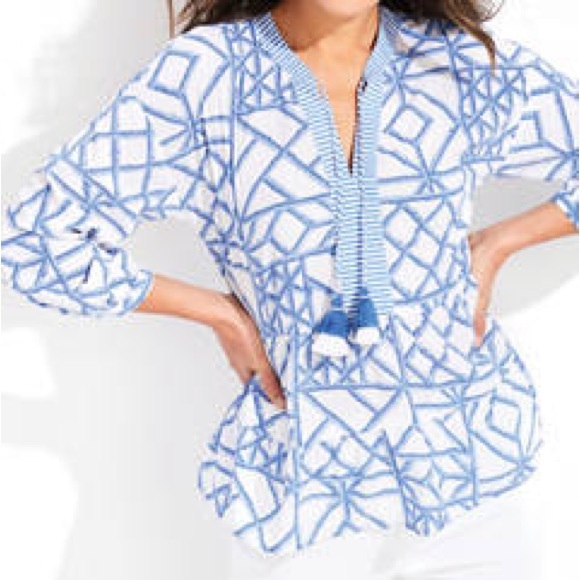 Vineyard Vines bamboo Lattice tiered top - blue and white - size Large - Picture 7 of 7